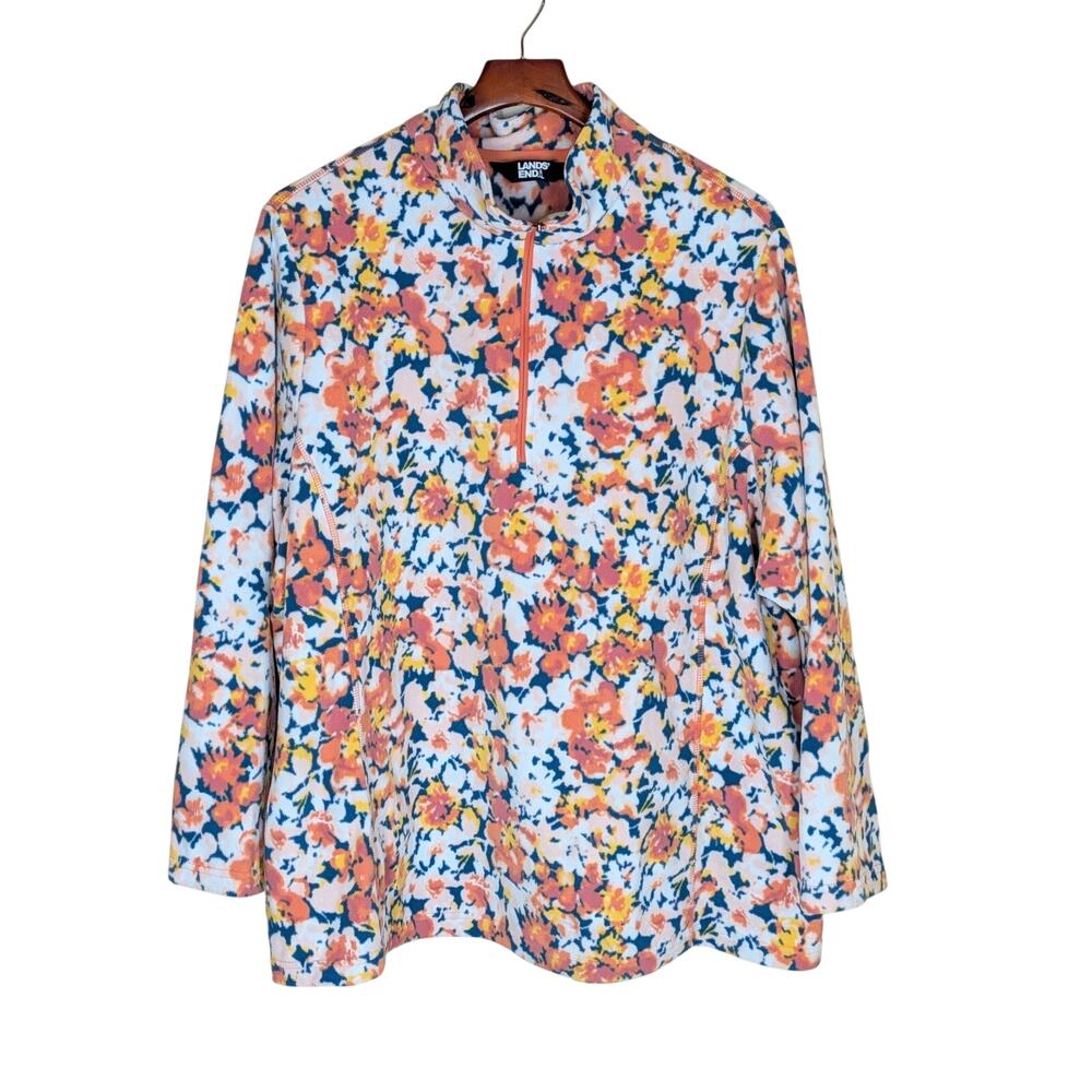 Lands End Women's Plus Size 3X 1/4 Zip Fleece Multicolor Orange Pink Blue Floral - Picture 1 of 8